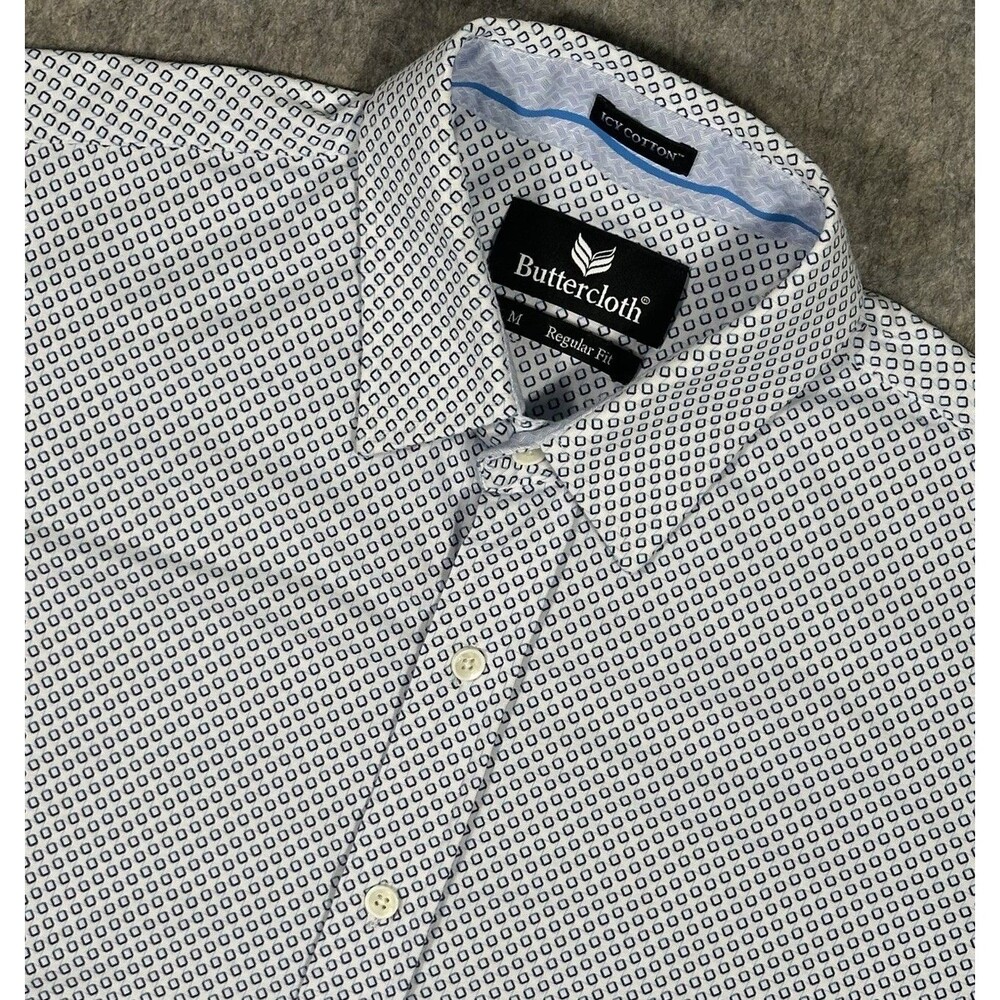 Buttercloth Icy Cotton Regular Fit Button Up Shirt Men’s M Blue White Geometric